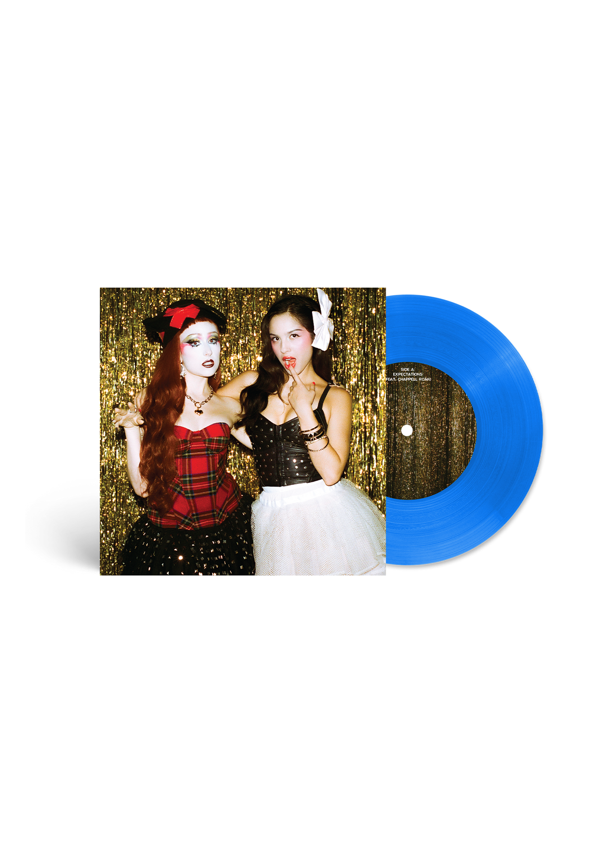 Olivia Rodrigo & Chappell Roan – expectations · Vinilo Azul Translúcido LA Behavior 7”, imagen oficial de portada y disco azul