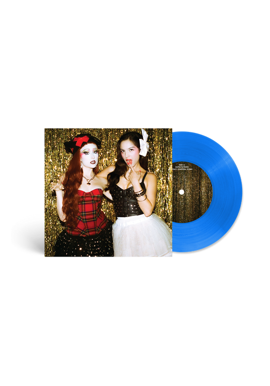 Olivia Rodrigo & Chappell Roan – expectations · Vinilo Azul Translúcido LA Behavior 7”, imagen oficial de portada y disco azul